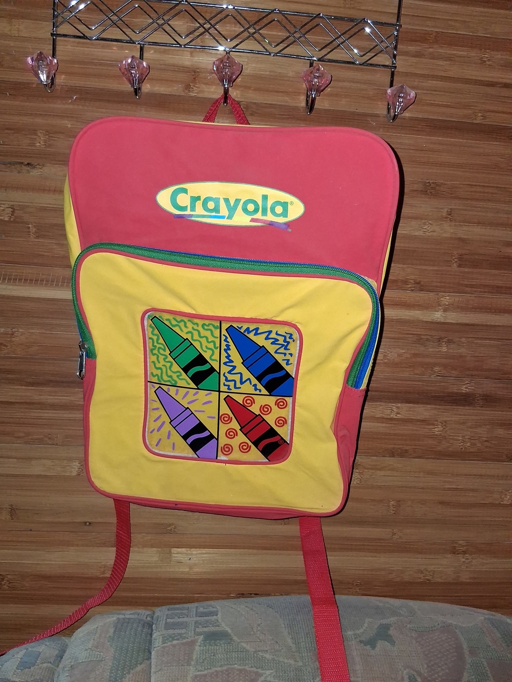 Vintage 1990 Crayola Red and Yellow Kids Backpack with Colorful Crayon Patch